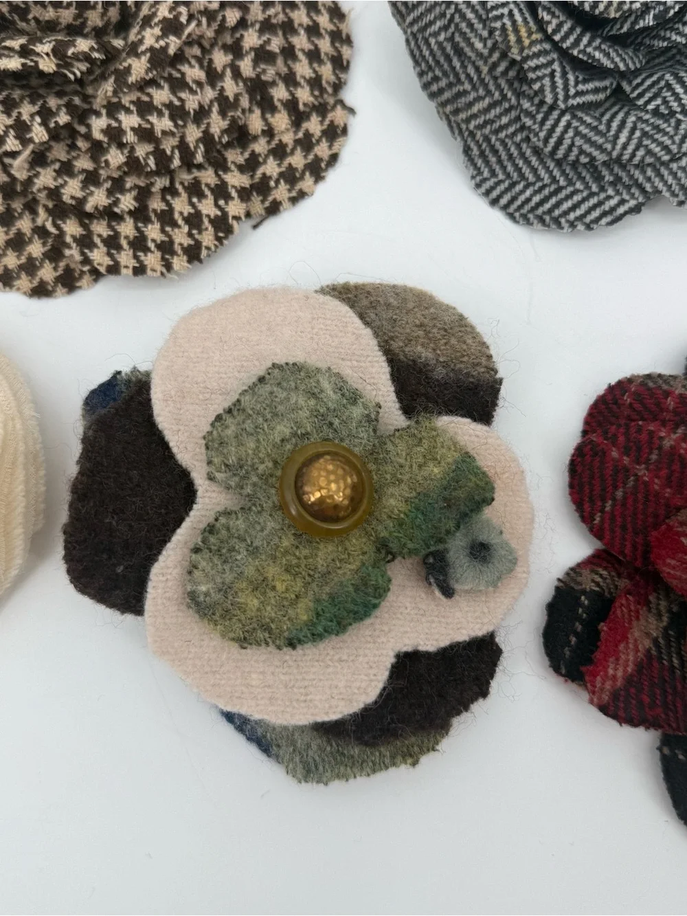 Lot of 5 Fabric Flower Brooches Plaid Houndstooth Tweed Pins Handmade Rosettes